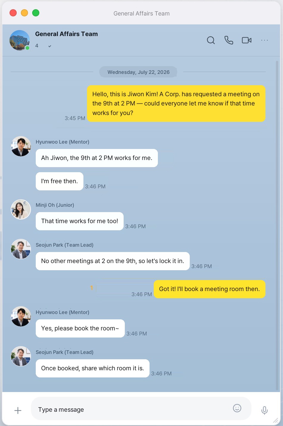 Coordinating a meeting time in the team group chat